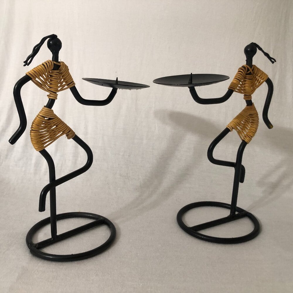Tribal Art Candle Holder – Vintage Black Wrought Iron with Rattan Figure